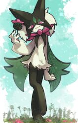  1other :3 animal_hands black_fur blue_sky body_fur claws closed_mouth flower full_body furry green_fur green_hair half-closed_eyes highres looking_at_viewer meowscarada on_grass other_focus outdoors pawpads pink_eyes pink_flower pokemon pokemon_(creature) short_hair short_tail simple_background sky smile solo sstoh standing tail two-tone_fur 