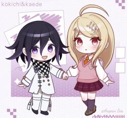  1boy 1girl aegean_sea ahoge akamatsu_kaede black_hair blonde_hair blush buttons character_name checkered_clothes checkered_scarf chibi chibi_only collared_shirt commentary crest danganronpa_(series) danganronpa_v3:_killing_harmony flipped_hair hair_between_eyes hair_ornament height_difference highres holding_hands long_hair long_sleeves looking_at_viewer multicolored_buttons musical_note musical_note_hair_ornament musical_note_print necktie oma_kokichi open_mouth orange_necktie pants pink_sweater_vest pink_vest pleated_skirt purple_hair scarf school_uniform shirt short_hair skirt smile sweater_vest twitter_username two-tone_scarf vest violet_eyes white_bag white_shirt 