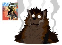  1boy animal_ears arashi_takemoto barrel_(live_a_hero) brown_fur burnt burnt_clothes collarbone commentary_request dog_boy dog_ears fangs furry furry_male game_screenshot_inset highres live_a_hero male_focus official_alternate_costume open_mouth pectoral_cleavage pectorals smoke surprised upper_body white_background wide-eyed 
