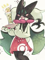  1other :d animal_hands apron black_fur blush_stickers body_fur cape closed_eyes drink fangs furry green_fur green_hair highres holding holding_tray looking_at_viewer mask meowscarada open_mouth other_focus pawpads pokemon pokemon_(creature) pokemon_cafe_remix red_apron short_hair short_tail simple_background smile solo sstoh standing tail tray two-tone_fur upper_body waist_apron white_background 