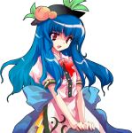  1girl alphes blue_hair food fruit hat hinanawi_tenshi lowres official_art open_mouth peach red_eyes scarlet_weather_rhapsody solo touhou 
