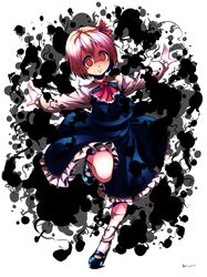  1girl ascot blonde_hair dark darkness frills hair_ribbon highres long_sleeves looking_at_viewer nsio outstretched_arms red_eyes ribbon rumia short_hair simple_background skirt smile socks solo touhou 