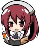  1girl blush breasts bust chibi long_hair lowres open_mouth original red_eyes redhead simple_background smile solo syno syringe white_background 