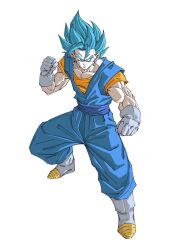  1boy blue_eyes blue_hair blue_pants blue_sash blue_shirt boots clenched_hands dougi dragon_ball dragon_ball_super earrings full_body gloves gomadang0417 highres jewelry medium_hair muscular muscular_male orange_shirt pants potara_earrings sash shirt simple_background solo spiky_hair super_saiyan super_saiyan_blue vegetto white_background white_boots white_gloves 
