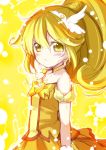  1girl :&lt; bare_shoulders blonde_hair blush cure_peace dress kise_yayoi long_hair looking_at_viewer magical_girl minamura_haruki outline ponytail precure sketch smile_precure! solo yellow yellow_background yellow_eyes 
