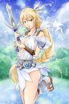  1girl armor belt blonde_hair braid breasts cleavage dress elbow_pads greaves greek green_eyes highres jewelry lips long_hair mice08 nature necklace sandals single_braid smile solo sophitia_alexandra soulcalibur soulcalibur_iv sword vambraces water weapon 