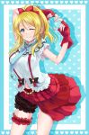  1girl arms_behind_back arms_up ayase_eli blonde_hair blue_eyes blush breasts fingerless_gloves gloves heart heart_hands love_live!_school_idol_project marblewars navel necktie ponytail skirt smile solo thigh_strap wink 