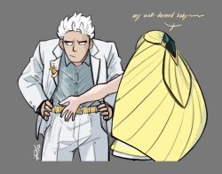  1boy 1girl alternate_costume cropped_legs grey_background guzma_(pokemon) hands_on_own_hips highres jacket long_hair looking_at_another lusamine_(pokemon) pokemon pokemon_sm riodrawsstuff signature very_long_hair white_hair white_jacket 