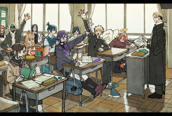  5boys 6+girls alternate_costume angel angel_devil_(chainsaw_man) angel_wings arm_up bag beam_(chainsaw_man) black_coat black_eyes black_hair black_jacket black_sailor_collar black_serafuku black_shoes black_skirt black_socks blonde_hair blue_hair book bow bowtie brown_cardigan brown_slippers cardigan chainsaw_man classroom closed_eyes closed_mouth coat commentary cross-shaped_pupils curtains demon_horns denji_(chainsaw_man) desk eraser eyepatch gakuran gas_mask green_eyes green_shoes hair_bun halo hand_in_pocket hand_up hayakawa_aki higashiyama_kobeni highres himeno_(chainsaw_man) holding holding_book hood hood_up hoodie horns jacket kishibe_(chainsaw_man) lectern letterboxed long_hair looking_at_another makima_(chainsaw_man) mask mole mole_under_mouth multiple_boys multiple_girls neckerchief notebook one_eye_covered open_book open_hand open_mouth orange_eyes paper pleated_skirt pochita_(chainsaw_man) ponytail power_(chainsaw_man) princi_(chainsaw_man) purple_hair purple_neckerchief reading red_bow red_bowtie red_hair red_jacket reze_(chainsaw_man) sailor_collar school_bag school_desk school_uniform scrunchie serafuku shirt shoes short_hair short_ponytail single_hair_bun sitting skirt sleeping slippers smile socks spiky_hair stitched_face stitches symbol-shaped_pupils takeuchi_ryousuke topknot trench_coat violence_fiend_(chainsaw_man) white_hoodie white_shirt window wings wrist_scrunchie yellow_halo 