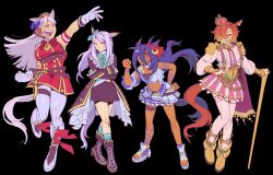  4girls animal_ear_piercing animal_ears ankle_socks annoyed aqua_bow aqua_bowtie aqua_shirt aqua_socks arm_ribbon armband armor asymmetrical_shirt bare_shoulders belt beret bib_collar black_background black_belt black_boots black_coat black_hair black_hat black_shorts black_skirt blue_bow blue_wrist_cuffs blunt_bangs blunt_ends blush boots bow bowtie breasts brown_belt cape choker closed_mouth coat collar commentary crescent crescent_hair_ornament crop_top crossed_arms crossed_belts crown dark-skinned_female dark_skin detached_collar dot_nose dress ear_bow ear_scrunchie earmuffs english_commentary fingerless_gloves floating_hair footwear_bow frilled_collar frilled_shirt frilled_sleeves frills fringe_trim frown full_body gem gloves gold_buttons gold_necklace gold_ship_(red_strife)_(umamusume) gold_ship_(umamusume) hair_between_eyes hair_ornament hair_over_one_eye hand_on_own_hip happy hat height_difference high_collar high_heel_boots high_heels highres hishi_amazon_(azure_amazon)_(umamusume) hishi_amazon_(umamusume) holding holding_scepter horse_ears horse_girl horse_tail jewelry knee_boots knees lace-trimmed_skirt lace-up_boots lace_trim large_breasts leaning_forward leg_ribbon leg_up light_blush long_hair long_hair_between_eyes long_sleeves looking_at_viewer looking_to_the_side mejiro_mcqueen_(frontline_elegance)_(umamusume) mejiro_mcqueen_(umamusume) midriff_peek mini_crown miniskirt multiple_girls multiple_piercings navel necklace open-toe_shoes open_clothes open_coat open_mouth orange_hair outstretched_arm pantyhose pauldrons pink_cape pink_crown pink_skirt pixveerei pleated_dress pleated_skirt puffy_long_sleeves puffy_sleeves purple_hair red_armband red_bow red_bowtie red_dress red_eyes red_gemstone red_scrunchie ribbon scepter scrunchie shirt shoes short_dress short_hair shorts shorts_under_skirt shoulder_armor simple_background single_bare_leg single_stripe skirt sleeveless sleeveless_dress sleeveless_shirt sleeves_past_wrists smile smirk socks standing stomach straight_hair striped_armband striped_clothes striped_shirt striped_skirt studded_belt t.m._opera_o_(o_sole_suo!)_(umamusume) t.m._opera_o_(umamusume) tail teeth thigh-highs thigh_belt thigh_strap toned toned_female tongue two-tone_shirt two-tone_skirt umamusume upper_teeth_only v-shaped_eyebrows vertical-striped_clothes vertical-striped_skirt violet_eyes white_boots white_choker white_collar white_gloves white_hair white_pantyhose white_shirt white_shoes white_thighhighs wrist_cuffs wrist_ribbon yellow_boots 