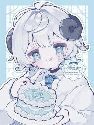  1girl :q black_choker black_horns blue_border blue_eyes blue_necktie blush border cake choker closed_mouth collared_shirt commentary commission curled_horns food fork grey_hair grid_background happy_birthday highres holding holding_fork holding_plate horns jacket long_sleeves necktie original outline outside_border plaid_clothes plaid_necktie plate shirt short_hair smile solo symbol-only_commentary teardrop_facial_mark tongue tongue_out upa_papa_co upper_body watermark white_background white_jacket white_outline white_shirt 