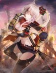  1girl breasts cleavage flower hair_flower hair_ornament high_ponytail highres katana long_hair looking_at_viewer midriff navel original pink_hair settyaro solo sword weapon yellow_eyes 