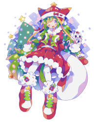  1girl ;d absurdres blue_boots blush_stickers boots bow bowtie candy candy_cane christmas christmas_stocking christmas_tree commentary food full_body fur-trimmed_skirt fur_trim green_bow green_bowtie green_hair hat highres long_hair long_sleeves looking_at_viewer one_eye_closed open_mouth original pleated_skirt red_hat red_shirt red_skirt sack santa_costume shirt simple_background skirt smile solo standing thigh-highs uenomigi violet_eyes white_background white_thighhighs 