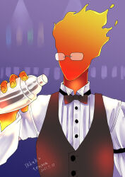  1boy 2021 2d artist_name bartender black_bowtie black_vest bottle bowtie dated digital_media elemental_(creature) fire_elemental flaming_head glasses gradient_background grillby holding holding_bottle humanoid ikkakutenma male male_focus male_only monster monster_boy no_mouth orange_skin purple_background simple_background solo undertale uniform utdr_(toby_fox) vest 