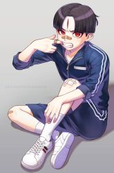  1boy bandage_on_knee bandaid bandaid_on_face bandaid_on_finger bandaid_on_hand bandaid_on_knee bandaid_on_leg bandaid_on_nose black_hair black_shorts blue_jacket collarbone commentary eyeliner facial_mark forehead_mark grey_background highres jacket knee_up konohainumaro looking_at_viewer makeup male_focus maruko_gaku mouth_pull partially_unzipped red_eyeliner red_eyes shadow shoes short_hair shorts sitting socks solo teeth the_hundred_line_-last_defense_academy- track_jacket twitter_username uneven_eyes variant_set white_shoes white_socks 
