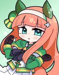  1girl animal_ears blue_eyes blunt_bangs blush bow ear_bow ear_covers ear_flower green_eyes hair_ornament hairband hime_cut horse_ears horse_girl horse_tail long_hair long_sleeves looking_at_viewer official_alternate_costume orange_hair orange_tail silence_suzuka_(innocent_silence)_(umamusume) silence_suzuka_(umamusume) solo tail temu_(kobaeihuk) umamusume white_hairband 