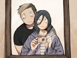  1boy 1other absurdres angel_martinez blush brown_hair camera clinical_trial_(game) closed_mouth fingernails highres holding holding_camera hood hoodie jitome lee_smith medium_hair mirror_selfie nifast_(greentail) purple_hoodie selfie shirt smile striped_clothes striped_shirt t-shirt 