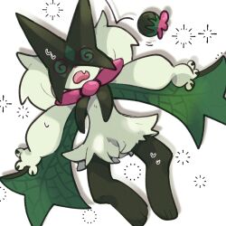  1girl @_@ animal_hands black_fur body_fur fang full_body furry green_fur green_hair highres looking_at_viewer lying meowscarada on_back open_mouth other_focus pokemon pokemon_(creature) short_hair short_tail skin_fang solo sstoh sweatdrop tail two-tone_fur 