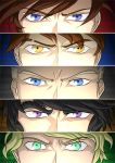  5boys artist_request black_hair blonde_hair blue_eyes brown_hair cole_hence column_lineup cut-in eyebrows green_eyes jay_walker kai_(ninjago) lego lloyd_garmadon multiple_boys ninjago parody persona_eyes spoilers violet_eyes white_hair yellow_eyes zane_julien 