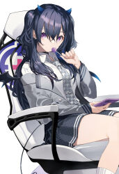  1girl black_collar black_hair blazer blue_horns blue_wings breasts candy cellphone chair chupa_chups collar collared_shirt cowboy_shot crossed_bangs demon_horns demon_wings desk food gaming_chair gradient_horns gradient_wings grey_jacket grey_necktie grey_skirt gyaru hair_between_eyes highres holding holding_candy holding_food holding_lollipop holding_phone horns ichinose_uruha ichinose_uruha_(6th_costume) jacket kogal lollipop long_hair long_sleeves looking_at_viewer mini_wings miniskirt multicolored_horns multicolored_wings necktie on_chair open_clothes open_jacket phone pleated_skirt print_necktie senmu_(senmudayo) shirt sidelocks sitting skirt small_horns smartphone socks solo swivel_chair thighs two_side_up violet_eyes virtual_youtuber vspo! white_background white_shirt white_socks wings 