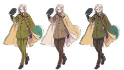  1boy axis_powers_hetalia beret black_gloves black_hat black_pants blonde_hair blue_necktie blush bow breast_pocket brown_jacket brown_pants brown_shoes buttons cloak collared_shirt commentary_request full_body gloves green_cloak green_eyes green_jacket green_pants hat highres himaruya_hidekazu holding holding_unworn_clothes holding_unworn_hat jacket lapels looking_at_viewer male_focus military_hat military_jacket military_uniform multiple_views necktie pants pocket poland_(hetalia) polish_flag_print red_necktie shirt shoes short_hair simple_background smile standing star_ornament teeth two-sided_cloak two-sided_fabric unworn_hat unworn_headwear white_background white_cloak white_shirt yellow_cloak 