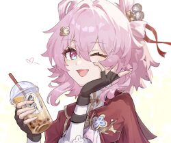 1girl ;d artist_name black_gloves commentary drink drinking_straw fingerless_gloves gloves hair_between_eyes heart holding holding_drink looking_at_viewer one_eye_closed open_mouth pink_hair smile solo spoken_heart suwa_(swk_kkk) symbol-only_commentary 