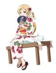  1girl blonde_hair bow closed_eyes drill_hair fan flower hair_bow japanese_clothes jewelry kyubey long_hair looking_at_viewer mahou_shoujo_madoka_magica paper_fan ring sitting smile solo tomoe_mami torinone twin_drills yellow_eyes 