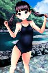  1girl black_eyes black_hair highres long_hair neuron_(exceed) original river school_swimsuit solo swimsuit twintails 