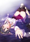  1girl black_hair blush boots brown_eyes detached_sleeves hairband haruna_(kantai_collection) japanese_clothes kantai_collection long_hair looking_at_viewer outstretched_hand partially_submerged personification saki_chisuzu skirt smile solo tears thigh-highs thigh_boots torn_clothes 