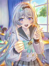  2girls absurdres alaun artist_name blue_pupils book book_stack bow bowtie breasts buttons chromatic_aberration classroom commentary_request cowboy_shot day desk double-breasted drooling firefly_(honkai:_star_rail) firefly_(spring_missive)_(honkai:_star_rail) gradient_hair green_bow green_bowtie grey_hair grey_hairband grey_sailor_collar grey_skirt hair_between_eyes hair_intakes hairband hands_up highres holding holding_marker honkai:_star_rail honkai_(series) index_finger_raised indoors long_hair long_sleeves looking_at_viewer marker medium_breasts multicolored_hair multiple_girls official_alternate_costume open_mouth pencil_case plaid_bow plaid_bowtie plaid_clothes plaid_skirt sailor_collar saliva_pool school_desk school_uniform serafuku shirt skirt smile solo_focus sunlight sushang_(honkai:_star_rail) teeth upper_teeth_only very_long_hair violet_eyes white_shirt window 