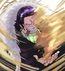  1boy ascot cigar coat commentary_request crocodile_(one_piece) devil_fruit_power earrings fur-trimmed_coat fur_trim green_ascot hair_slicked_back highres jewelry looking_at_viewer male_focus one_piece ring sand sengoku03100905 smile solo stitched_face stitches vest 