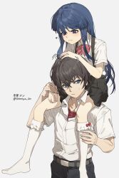  1boy 1girl absurdres belt black_hair black_pants black_skirt blue_eyes blue_hair blush bobby_socks bow bowtie brown_hair carrying closed_mouth collared_shirt dress_shirt frilled_socks frills furude_rika grey_background hair_between_eyes hand_on_another's_head heart highres higurashi_no_naku_koro_ni holding_hands kneehighs long_hair looking_at_another maebara_keiichi no_shoes pants pink_bow pleated_skirt red_bow red_bowtie red_shirt school_uniform shimiya_jin shirt shirt_tucked_in short_hair short_sleeves shoulder_carry simple_background skirt socks suspender_skirt suspenders sweatdrop twitter_username violet_eyes white_background white_shirt white_socks 