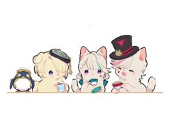  1girl 2boys animal_ears animification beret blue_eyes cat_boy cat_ears cat_girl closed_eyes closed_mouth coffee_mug cup dog_ears facial_mark freminet_(genshin_impact) genshin_impact hair_over_one_eye hat lynette_(genshin_impact) lyney_(genshin_impact) mug multiple_boys nasuka_gee open_mouth pers_(genshin_impact) simple_background star_(symbol) star_facial_mark tattoo teacup teardrop_facial_mark teardrop_tattoo top_hat violet_eyes white_background 