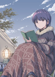  1girl absurdres blanket blue_hair book camping chair clouds commentary_request expressionless fur-trimmed_sweater fur_trim grass highres holding holding_book lantern looking_at_viewer open_book outdoors shima_rin shoes sitting sky sneakers solo sweater tent tree turtleneck tyanoki violet_eyes yurucamp zipper 