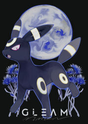  absurdres animal_focus artist_name black_background blue_flower blue_outline english_text facial_mark fangs flower forehead_mark full_moon highres looking_afar moon natsumekan no_humans open_mouth outline pokemon pokemon_(creature) red_eyes signature solo umbreon 
