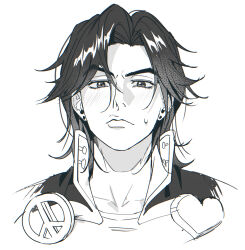  1boy alternate_hairstyle blush closed_mouth collarbone commentary_request cropped_shoulders diamond_wa_kudakenai earrings fishumarket greyscale hair_between_eyes higashikata_josuke highres jacket jewelry jojo_no_kimyou_na_bouken looking_at_viewer male_focus monochrome short_hair simple_background sketch small_sweatdrop solo straight-on stud_earrings white_background 