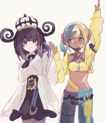  2girls arm_up black_dress black_pants blue_pants blunt_bangs blush bob_cut canari_(pokemon) closed_mouth coat crop_top cropped_jacket dark-skinned_female dark_skin dress gloves gwynn_(pokemon) hat heart highres long_sleeves looking_at_another looking_at_viewer mega_stone mopumopu107 multicolored_hair multiple_girls navel open_clothes open_coat pants parted_lips partially_fingerless_gloves pokemon pokemon_legends:_z-a purple_hair split-color_hair twintails two-tone_hair two-tone_pants violet_eyes white_background white_coat white_hat wide_sleeves 