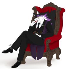  1boy armchair black_fur black_suit body_fur chair crossed_legs full_body furry furry_male highres looking_at_viewer male_focus monocle original purple_fur simple_background sitting solo suit tail tiger_subaru violet_eyes white_background white_fur wolf_boy 