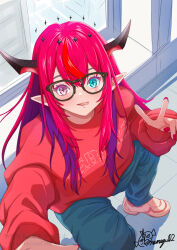  1girl black_horns blue_eyes blue_pants blush glasses heterochromia highres hololive hololive_english horns irys_(hololive) looking_at_viewer multicolored_hair namazu02_tky pants pointy_ears purple_hair red_hair red_sweater selfie signature solo squatting star-shaped_pupils star_(symbol) sweater symbol-shaped_pupils tongue tongue_out two-tone_hair v violet_eyes virtual_youtuber 