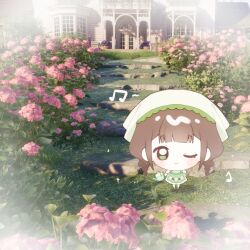  1girl apron baonu_de_zhanshen_caibutou blunt_bangs braid brown_hair chibi chinese_commentary closed_mouth cobblestone commentary_request country_lolita day diamond_print dress eyelashes flower game_screenshot_inset green_apron green_eyes green_shoes happy headscarf hill holding holding_watering_can house infinity_nikki lace-trimmed_headwear lace_trim light_blush lolita_fashion long_hair low_twin_braids medium_dress musical_note nikki_(series) one_eye_closed outdoors path pink_flower plant potted_plant print_apron puffy_short_sleeves puffy_sleeves purple_flower shadow shoes short_sleeves smile socks solo sparkle spoken_musical_note spring_blossom_(infinity_nikki) standing twin_braids very_long_hair vignetting watering_can white_dress white_headscarf white_socks 