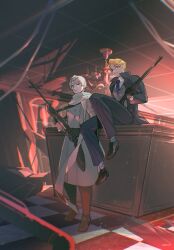  2boys ahoge alternate_universe america_(hetalia) artist_name assault_rifle axis_powers_hetalia black-framed_eyewear black_gloves black_jacket black_pants black_shoes blonde_hair blue_eyes blue_necktie boots brown_boots buttons chandelier checkered_floor cigarette closed_mouth coat collared_shirt english_commentary full_body glasses gloves grey_coat grey_vest gun half-closed_eyes hand_up highres holding holding_gun holding_weapon indoors jacket lapels long_sleeves looking_at_viewer male_focus multiple_boys necktie official_alternate_costume open_clothes open_jacket pants rifle russia_(hetalia) scarf semi-rimless_eyewear shadow shirt shoes short_hair sitting smile smoking socks standing vampiryprpr vest violet_eyes weapon white_hair white_scarf white_shirt white_socks 