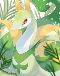  animal_focus artist_name blurry blurry_foreground closed_mouth commentary_request highres iwasi_29 leaf no_humans on_grass pokemon pokemon_(creature) red_eyes serperior snake sparkle twitter_username 