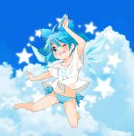  (9) 1girl alternate_costume bare_legs barefoot berry_jou blue_eyes blue_hair blue_panties blue_sky bow cirno clouds hair_bow ice ice_wings no_pants open_mouth panties shirt short_sleeves sky smile solo star striped striped_panties touhou underwear wings wink 