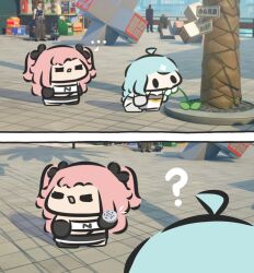  2girls eating flower hair_ornament highres long_hair multiple_girls nicole_demara open_mouth seed_(zenless_zone_zero) shirt superappleman zenless_zone_zero 