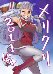  1girl \m/ b_suke boots bow breasts capcom_fighting_jam capelet commentary_request dress elbow_gloves fur-trimmed_capelet fur_trim gift gloves grin hair_bow high_heel_boots high_heels holding holding_sack ingrid_(capcom) knee_boots large_breasts one_eye_closed purple_hair red_capelet red_dress red_eyes sack short_dress smile solo standing standing_on_one_leg stuffed_animal stuffed_toy teddy_bear translation_request white_gloves 