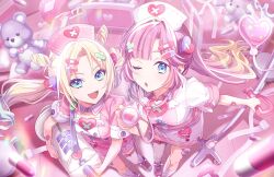  2girls :3 anyoji_hime bandaged_leg bandages bandaid bandaid_hair_ornament blonde_hair blue_eyes blue_hair box breasts closed_mouth collarbone collared_shirt crossed_bandaids detached_collar fang first_aid_kit full_body game_cg gradient_hair hair_ornament hat heart heart_hair_ornament highres holding holding_stethoscope in_box in_container intravenous_drip large_syringe link!_like!_love_live! looking_at_viewer love_live! medium_breasts miniskirt mira-cra_park! multicolored_hair multiple_girls non-web_source nurse nurse_cap official_alternate_costume official_art open_box osawa_rurino oversized_object pill_hair_ornament pink_hair pink_hat pink_shirt pink_skirt pink_theme scissors shirt short_sleeves single_thighhigh skirt stethoscope stuffed_animal stuffed_toy syringe teddy_bear thigh-highs twintails virtual_youtuber vital_sign_(love_live!) white_hat 