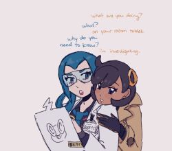  2girls black_gloves black_shirt blue_eyes blue_hair blue_necktie brown_coat brown_hair coat commentary dark-skinned_female dark_skin emma_(pokemon) english_commentary english_text glasses gloves hair_ornament head_on_another&#039;s_shoulder lab_coat looking_at_another loose_necktie mable_(pokemon) marcy_(offthem00n) medium_hair multiple_girls necktie pokemon pokemon_legends:_z-a shirt short_hair table violet_eyes white_background yuri 