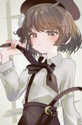  1girl beret blush brown_eyes brown_hair brown_hat brown_skirt closed_mouth collared_shirt commentary_request dress_shirt flower hair_flower hair_ornament hand_up hat hatoba_tsugu highres indoors looking_at_viewer rose sha2mo shirt signature skirt smile solo suspender_skirt suspenders suspenders_slip tsugu_(vtuber) virtual_youtuber white_flower white_rose white_shirt 