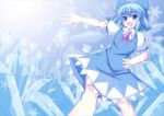  1girl blue_eyes blue_hair blush cirno fang hand_on_hip ice ice_wings masiromu outstretched_arm snowflakes solo touhou wings 