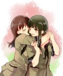  2girls bangs black_hair blush braid brown_hair green_eyes heart hug hug_from_behind kantai_collection kitakami_(kantai_collection) long_hair multiple_girls ooi_(kantai_collection) personification ponda7 school_uniform tagme yuri 